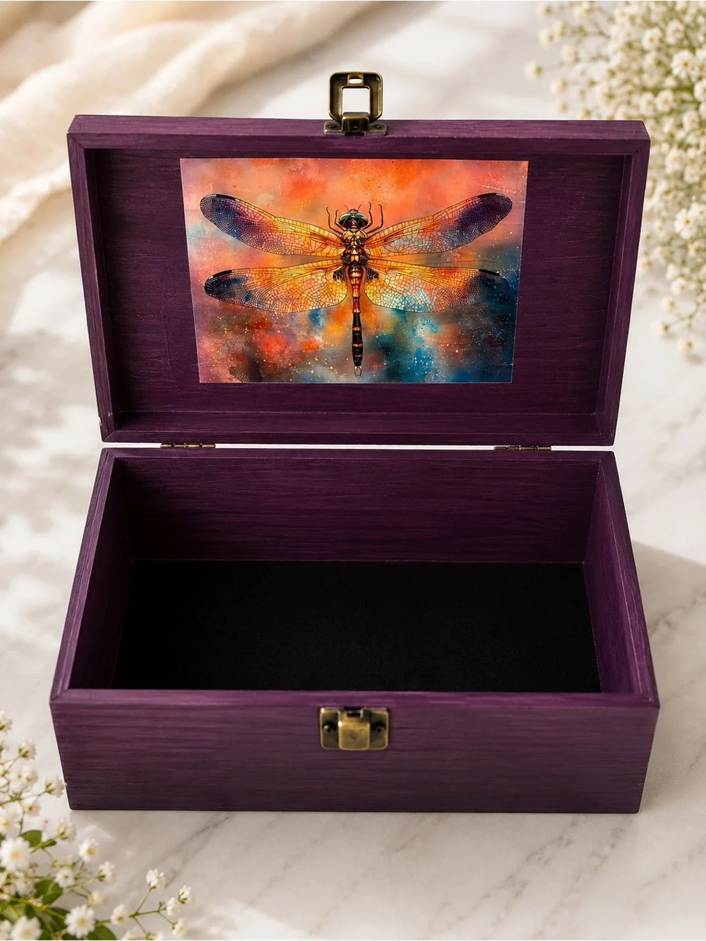 Dragonfly Keepsake Jewelry Box - Purple Wood with Orange Artwork